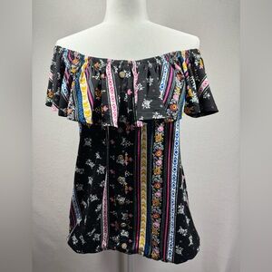 Eye Candy Women’s 1X Black Bardot Multicolor Print‎ Peasant Off Shoulder SS Top